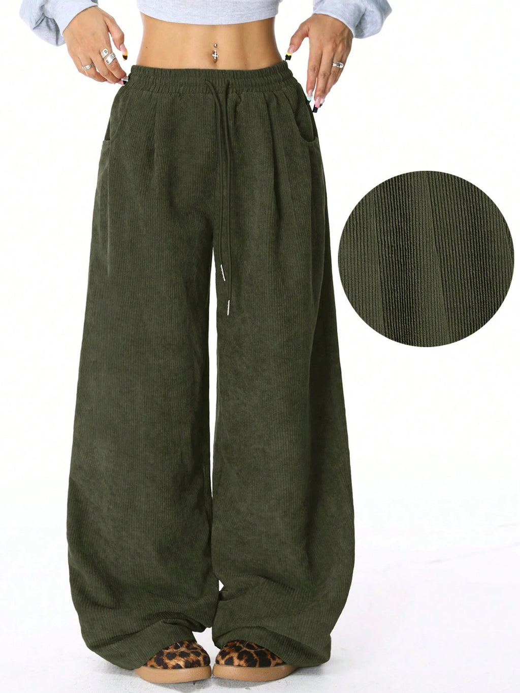 Luvéra Idle Style High Waist Casual Draping-Effekt Kordelzug Breites Bein Hosen