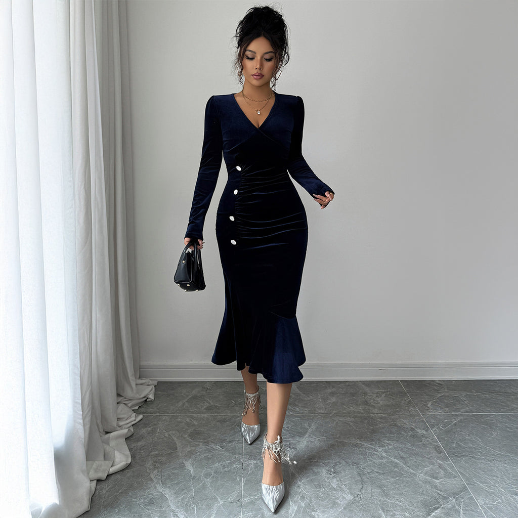 Luvéra V-Ausschnitt Midikleid in Navy - Elegantes, figurbetontes Damenkleid