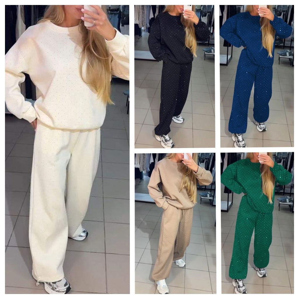 Luvéra Damen Casual Rundhals Drilling Kordelzug Knöchelgebunden Zweiteiler Anzug