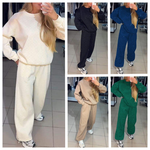 Luvéra Damen Casual Rundhals Drilling Kordelzug Knöchelgebunden Zweiteiler Anzug