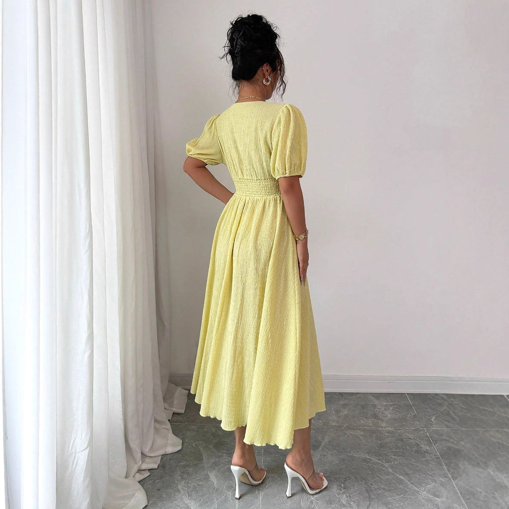 Luvéra Elegantes V-Ausschnitt Midikleid mit Puffärmeln stilvolles Damenkleid in A Linie