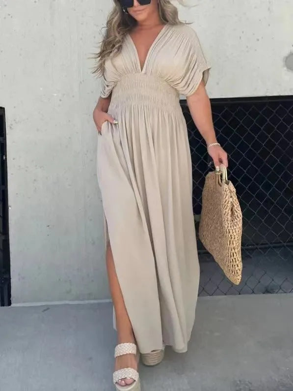Luvéra Mode Bat-sleeved V-neck Slit Kleid Sommer Kurzarm Elastische Taille Lange Kleider Frauen Kleidung