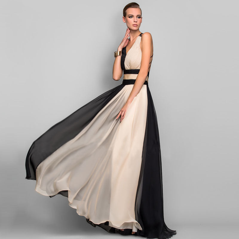 Luvéra Mode V-Ausschnitt rückenfrei Farbe Kleid Rock langes Kleid