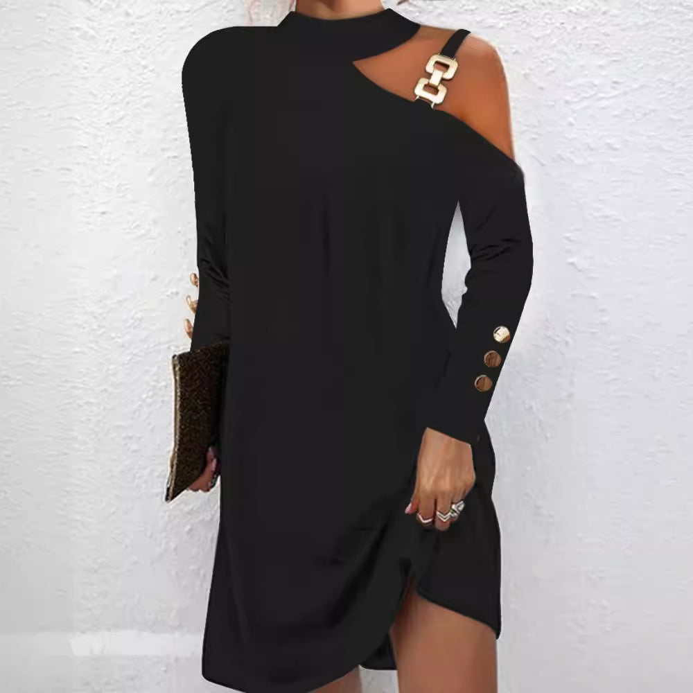Luvéra Mode Frauen Solide Casual Kleid Weibliche Elegante Langarm Metall Schnalle Neckholder Casual Mini Kleid