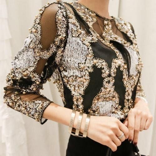 Luvéra Perlen Bestickte Pailletten Abnehmen Langarm Pullover Top Frauen