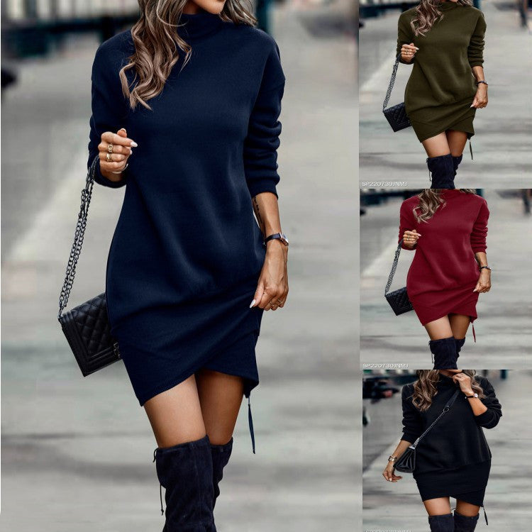 Luvéra Langarm Kleid Einfarbig High Neck Kreuz Kurze Kleid Frauen Kleidung
