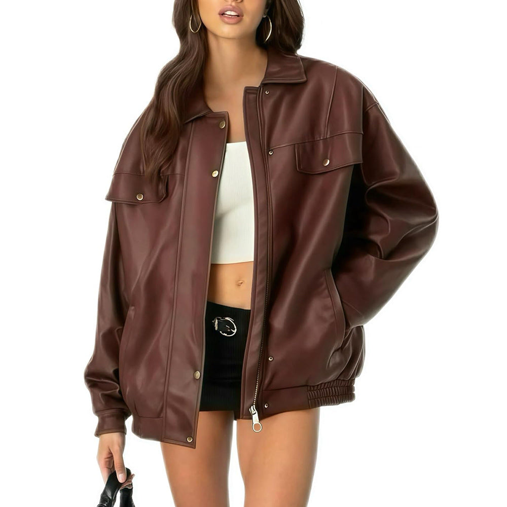 Luvéra Damen Lederjacke Lose Langarm Revers Jacke
