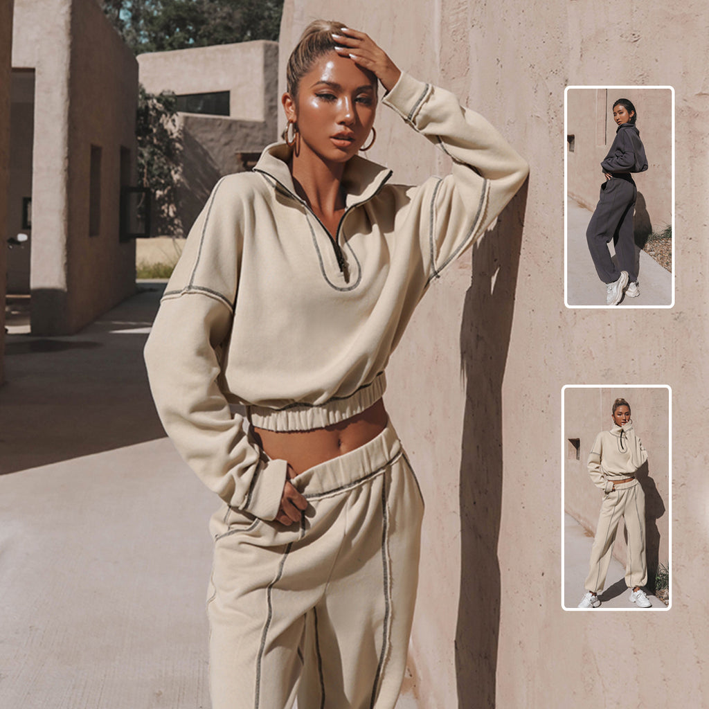 Luvéra Langarm Rollkragen Sweatshirt Stand Up Reißverschluss Kurze Top Mit Lose Gerade Bein Hosen Frauen Kleidung