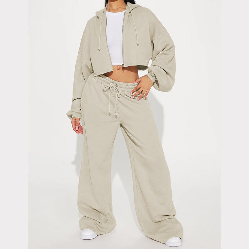 Luvéra Kapuze vorne Strickjacke Reißverschluss Pullover Breites Bein Lose Hose Anzug