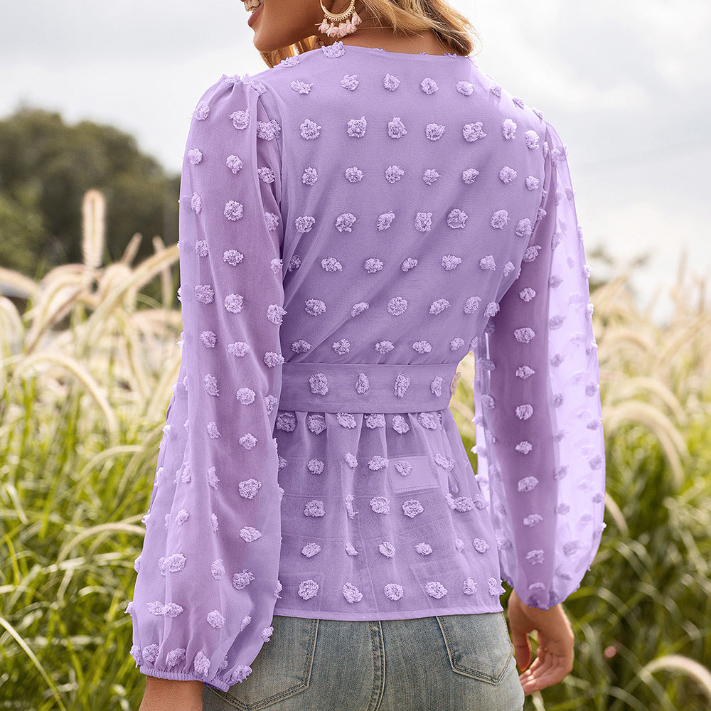 Luvéra Jacquard Spitze V-Ausschnitt Langarm Bluse Frauen