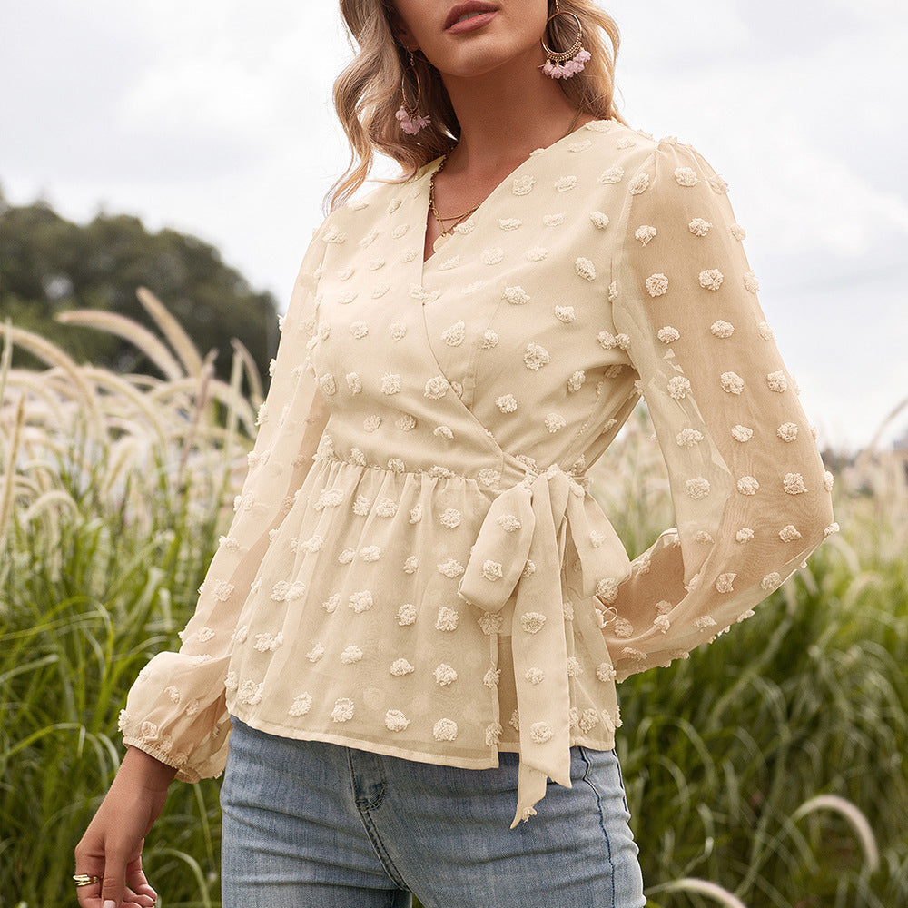 Luvéra Jacquard Spitze V-Ausschnitt Langarm Bluse Frauen