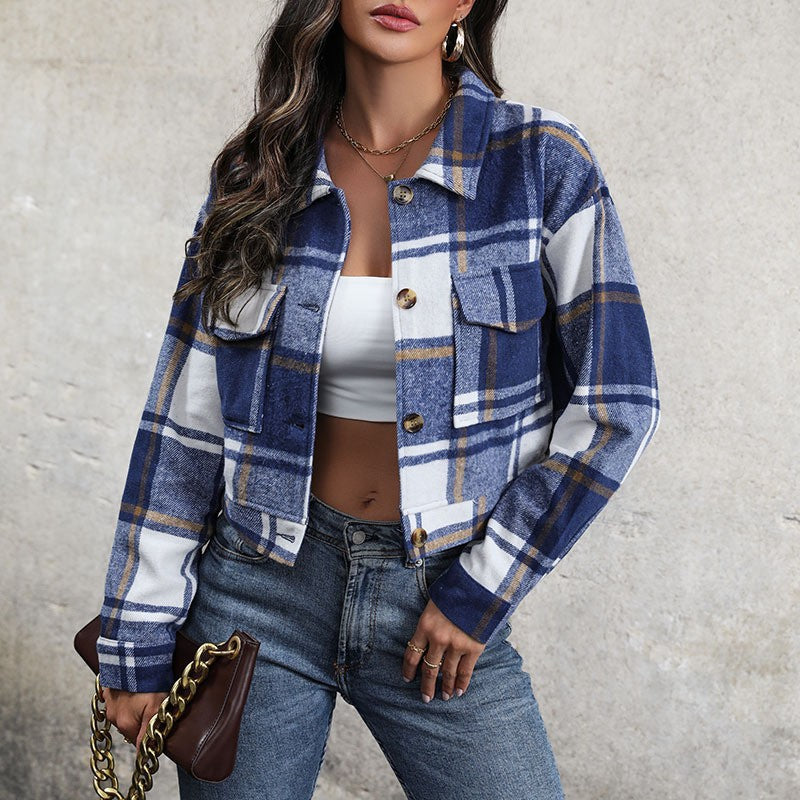 Luvéra Plaid Revers Cropped Jacke Mit Taschen Mode Knopf Langarm Kurze Outwear Tops Mantel Für Frauen Kleidung