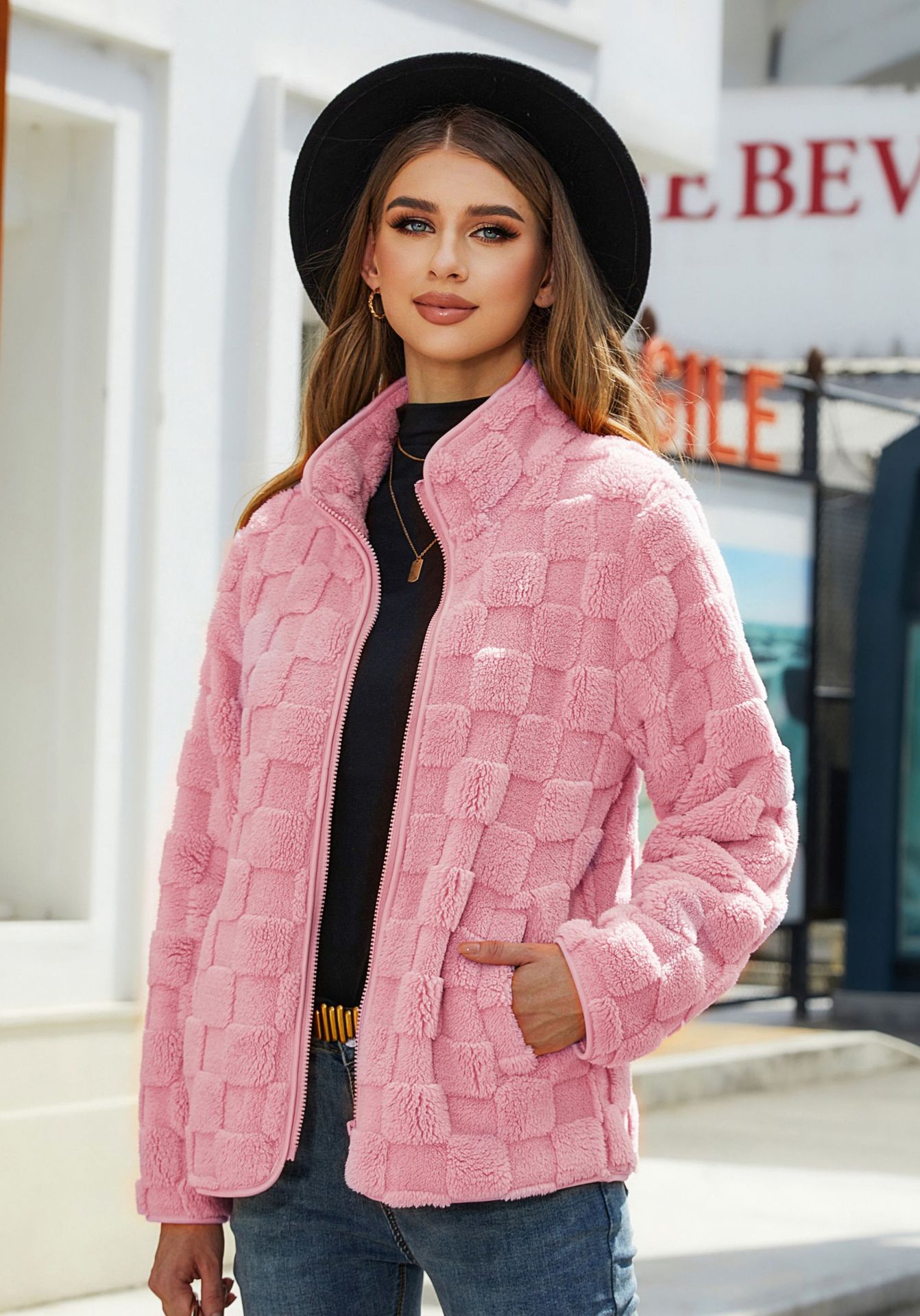 Luvéra Stand-up Kragen Plüsch Jacke Winter Langarm Lose Reißverschluss Strickjacke Mode Einfarbig Schachbrett Design Mantel Frauen Outwear