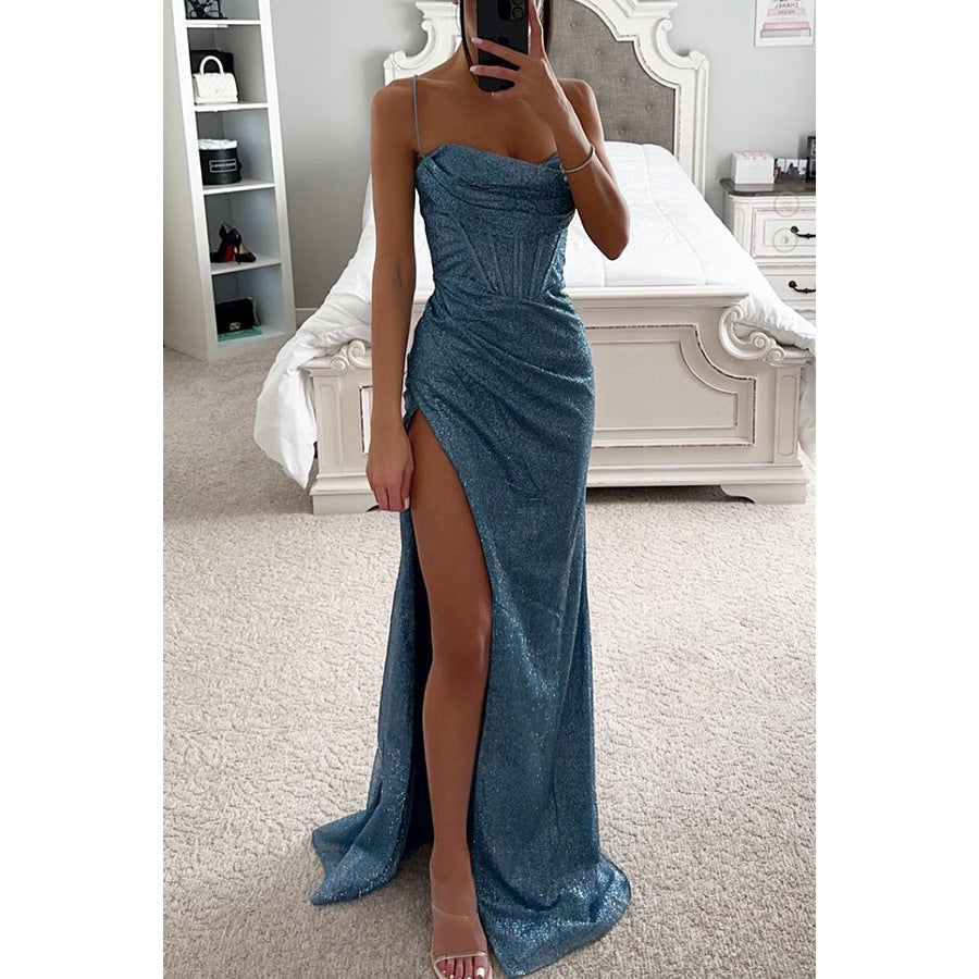 Luvéra Split Hosenträger Kleid Mode Abend Party Schlanke V-ausschnitt Lange Kleider Sommer Kleidung Für Frauen