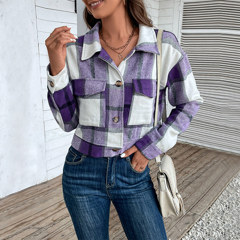 Luvéra Plaid Revers Cropped Jacke Mit Taschen Mode Knopf Langarm Kurze Outwear Tops Mantel Für Frauen Kleidung