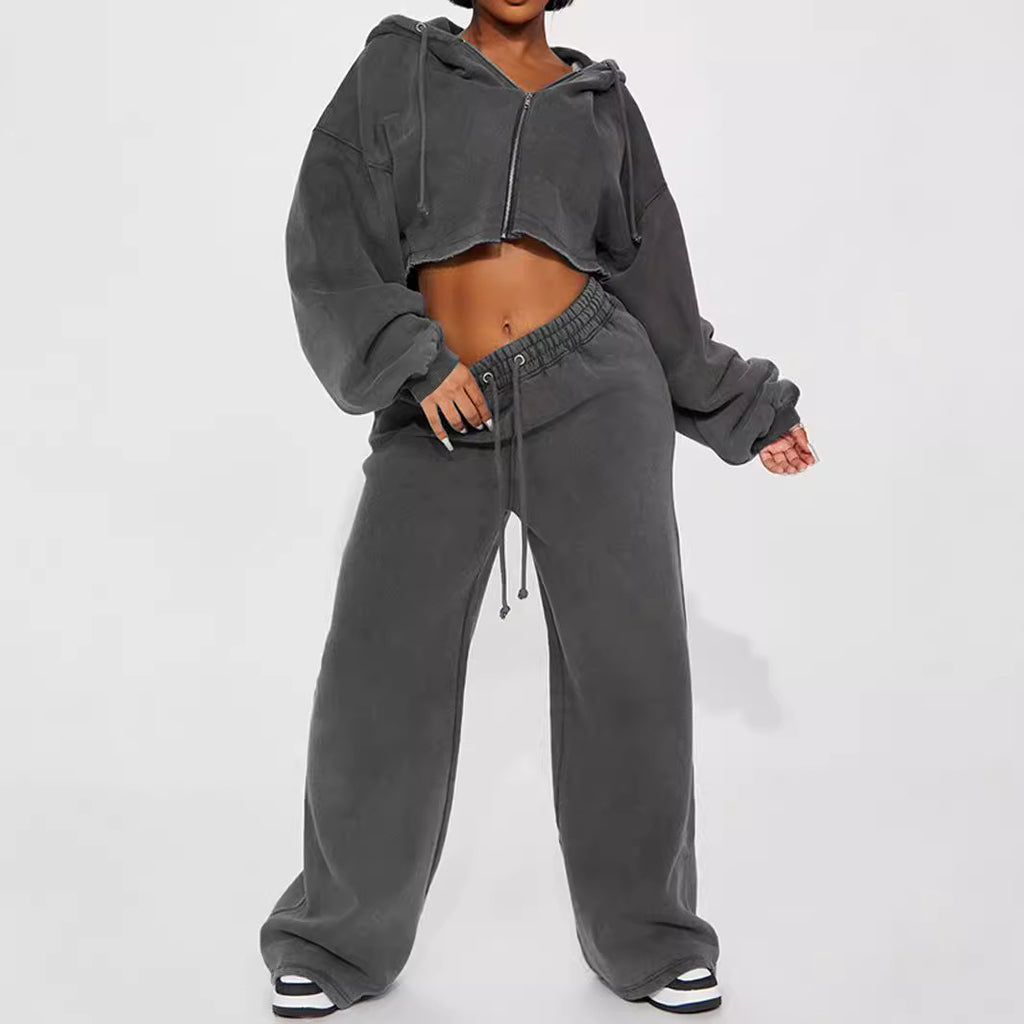 Luvéra Kapuze vorne Strickjacke Reißverschluss Pullover Breites Bein Lose Hose Anzug