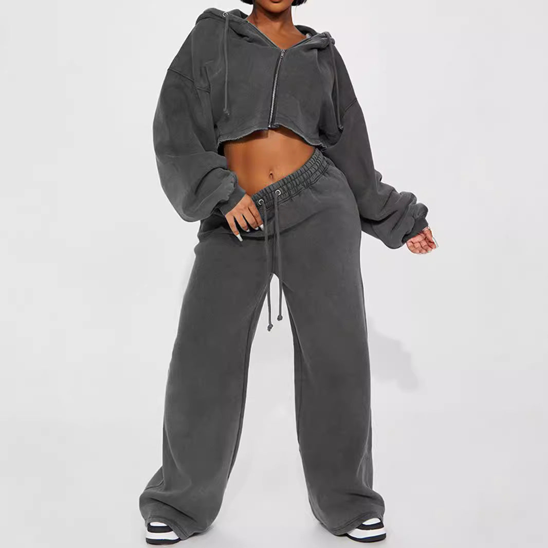 Luvéra Kapuze vorne Strickjacke Reißverschluss Pullover Breites Bein Lose Hose Anzug