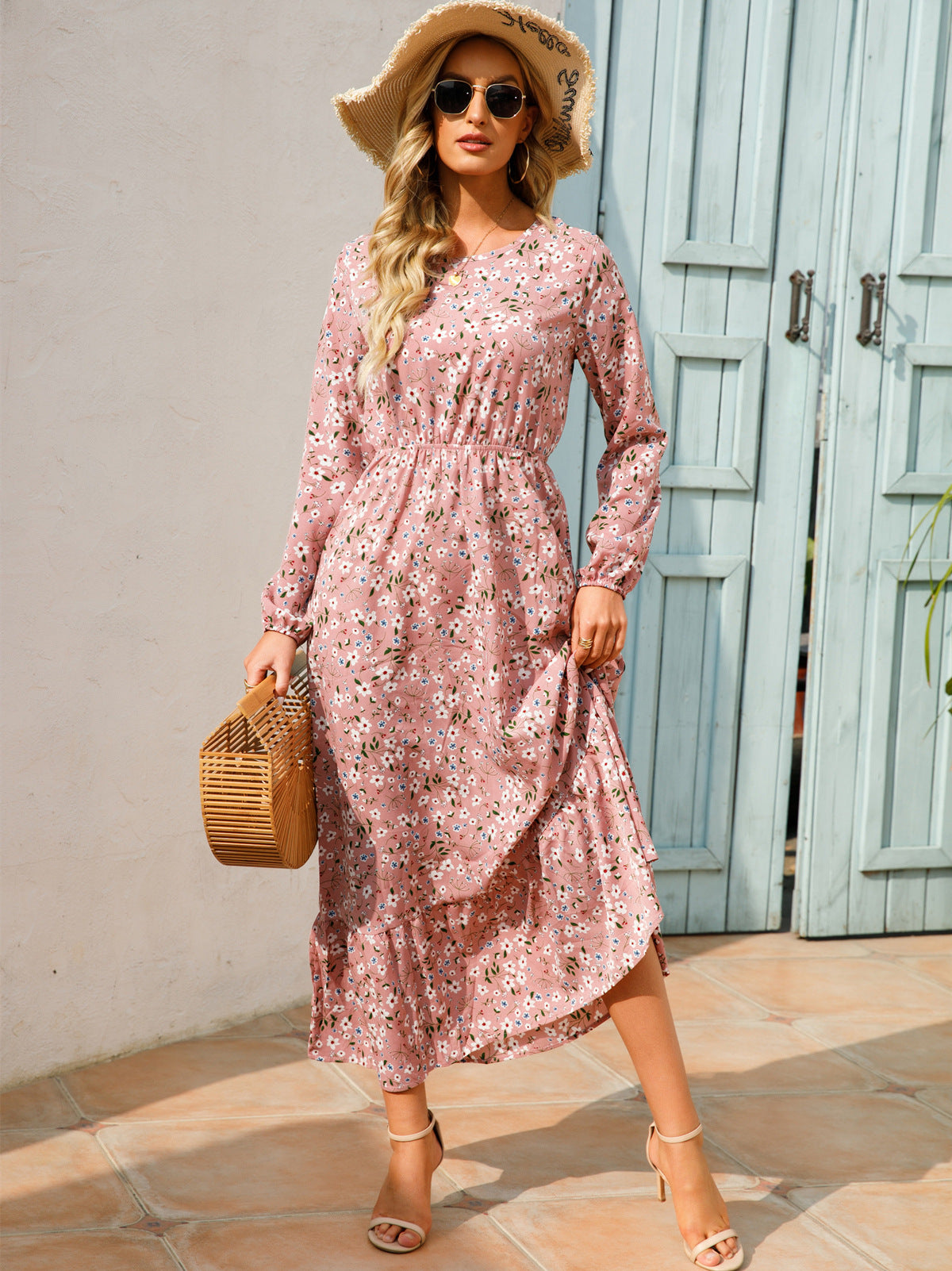 Luvéra Damen vielseitiges Blumen-Chiffon-Kleid mit Rundhalsausschnitt