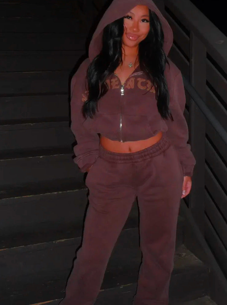 Luvéra Sport Anzug Zip-up Hooded Cropped Sweatshirt Top Und Lose Kordelzug Hosen Mode Frauen Kleidung