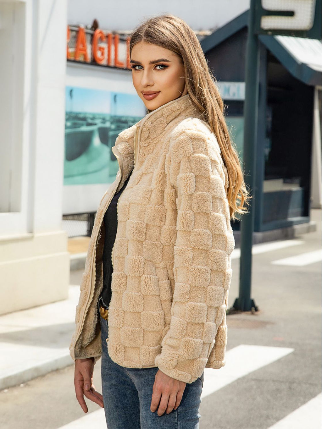 Luvéra Stand-up Kragen Plüsch Jacke Winter Langarm Lose Reißverschluss Strickjacke Mode Einfarbig Schachbrett Design Mantel Frauen Outwear
