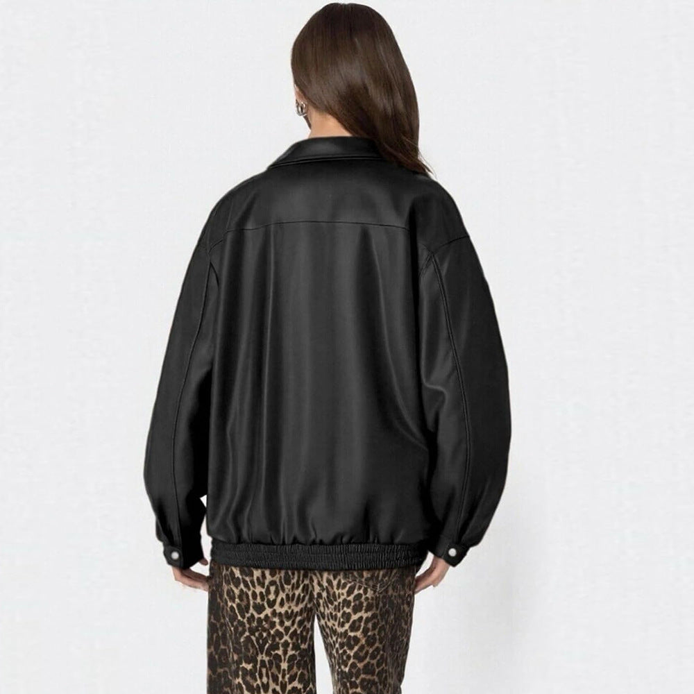 Luvéra Damen Lederjacke Lose Langarm Revers Jacke