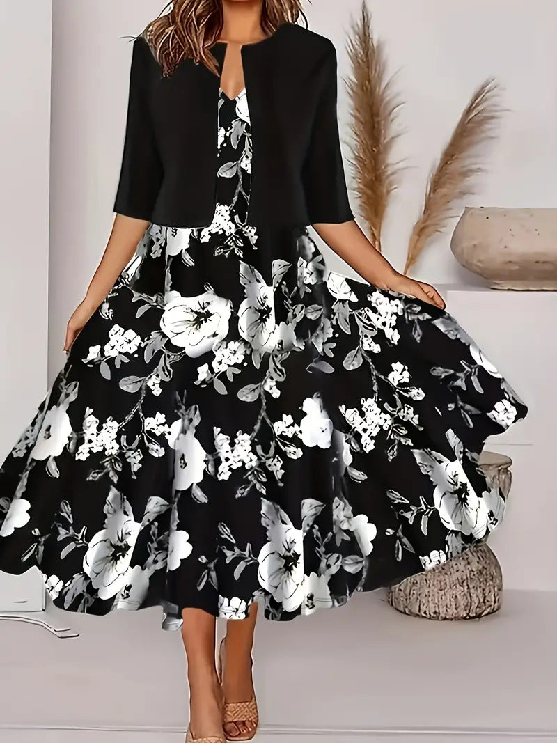 Luvéra Damen hochwertige bedruckte Modekleid zweiteiliges Set