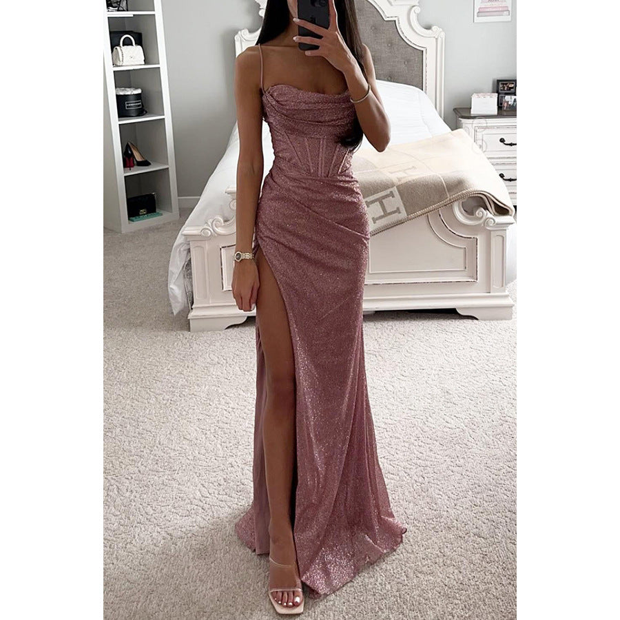 Luvéra Split Hosenträger Kleid Mode Abend Party Schlanke V-ausschnitt Lange Kleider Sommer Kleidung Für Frauen