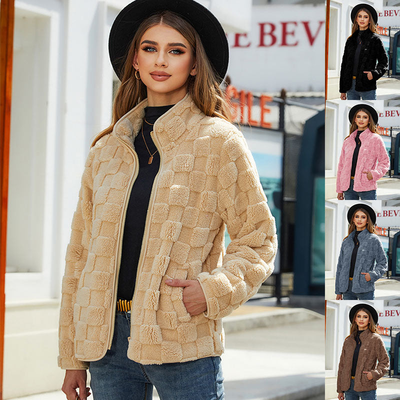 Luvéra Stand-up Kragen Plüsch Jacke Winter Langarm Lose Reißverschluss Strickjacke Mode Einfarbig Schachbrett Design Mantel Frauen Outwear