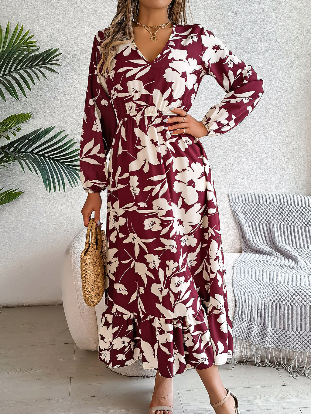 Luvéra Damen Freizeit Blumendruck Krawatte Taille Langarm Rüschen Kleid
