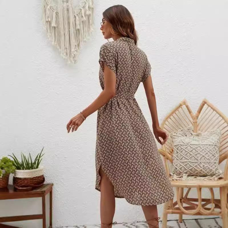 Luvéra Mode bedrucktes Taillenkontrollärmel V-Ausschnitt Slim Kleid