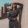 Luvéra Langarm Rollkragen Sweatshirt Stand Up Reißverschluss Kurze Top Mit Lose Gerade Bein Hosen Frauen Kleidung