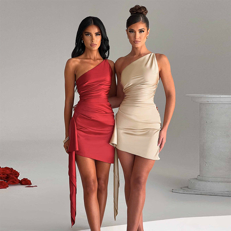 Luvéra Eine Schulter Ärmellose Mini Kleid Sexy Slim Backless Rock Party Hochzeit Kleider Frauen Kleidung