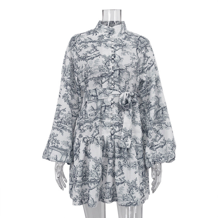 Luvéra Tinte Druck Langarm Kurze Kleid Mit Mode Puffy Ärmel Revers Krawatte A-Linie Kleid Kleidung