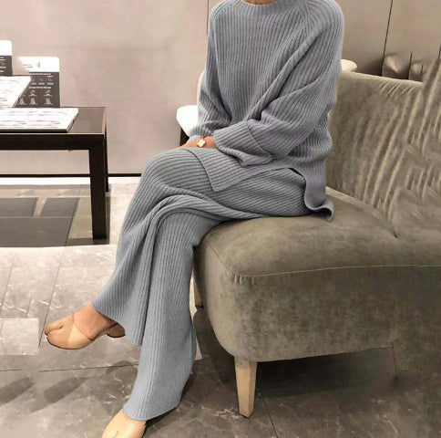Luvéra Gestrickter Pullover Weitbein Hosen Anzug Frauen