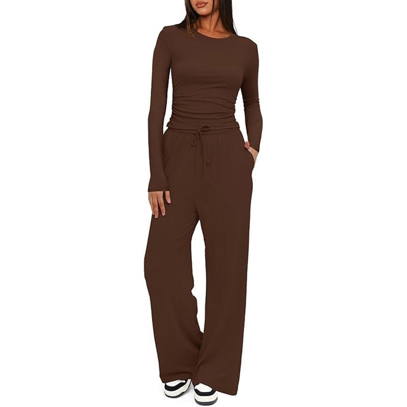Luvéra 2 Stück frauen Anzug Herbst Winter Langarm Tops Hohe Taille Breite Bein Hosen Sportswear Weibliche Kleidung Einfarbig Casual Anzug