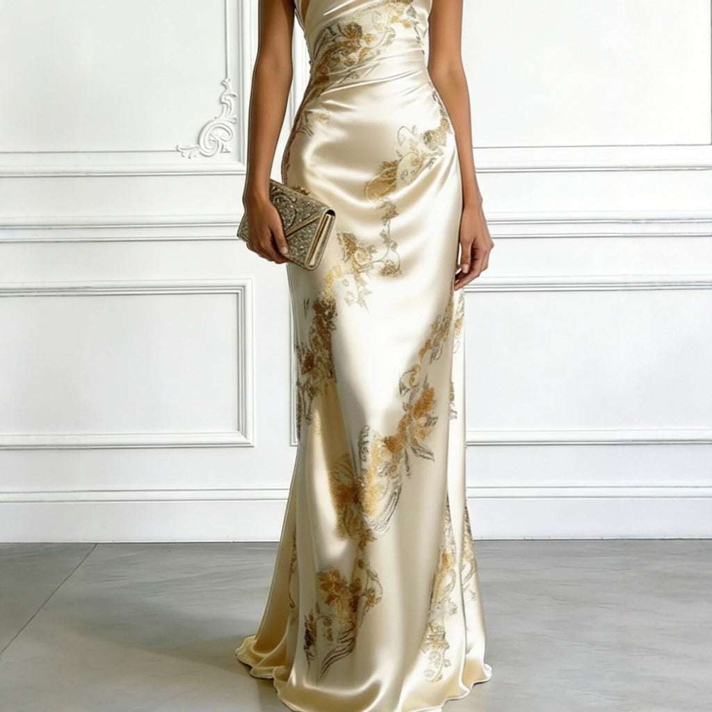 Luvéra Goldenes, schulterfreies, langes Kleid mit goldenem Druck