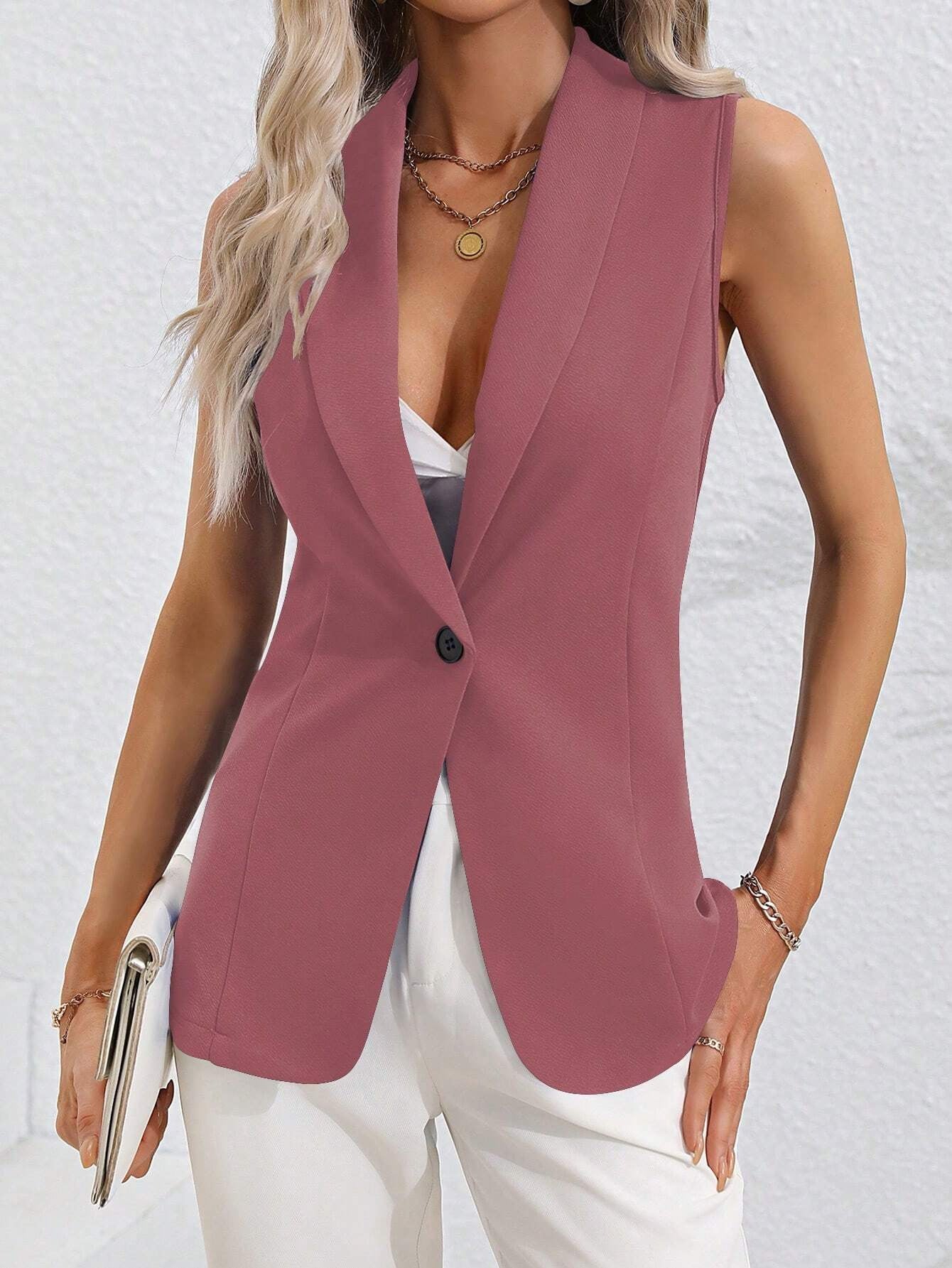 Luvéra Strickjacke mit einem einzigen Knopf und einer Jacke, ärmellos mit Rundhalsausschnitt