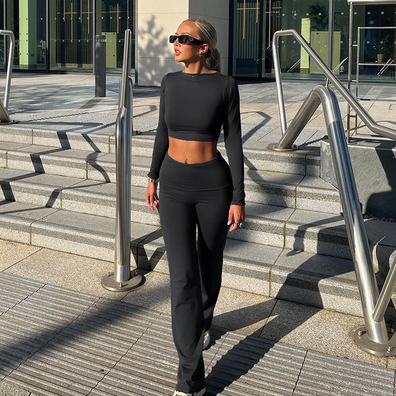 Luvéra Sport Einfarbig Rundhals Kurz Top Bootcut Hosen Fitness Yoga Zweiteiliges Set Für Frauen