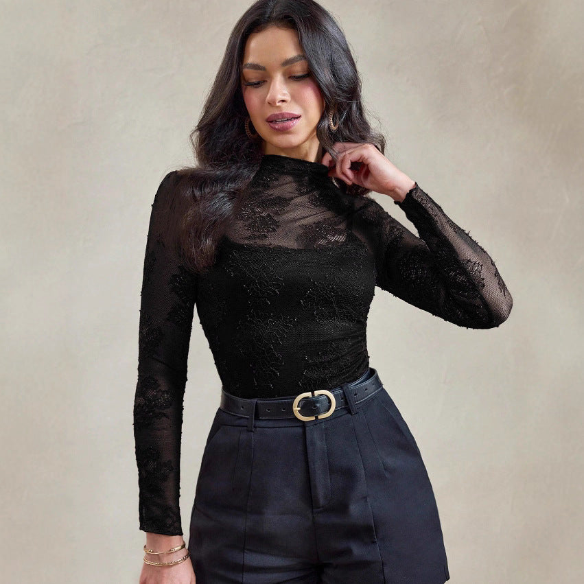Luvéra Damen Spitzen-Basis-Oberteil, eng angestes, langarmiges Mesh-Oberteil