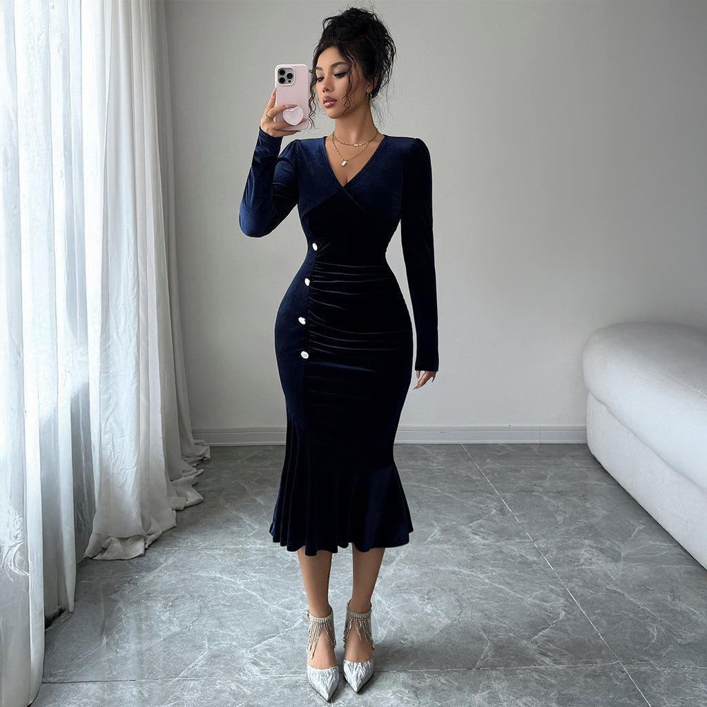 Luvéra V-Ausschnitt Midikleid in Navy - Elegantes, figurbetontes Damenkleid
