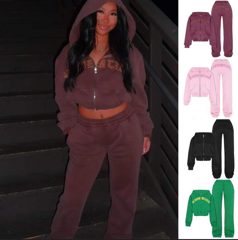 Luvéra Sport Anzug Zip-up Hooded Cropped Sweatshirt Top Und Lose Kordelzug Hosen Mode Frauen Kleidung