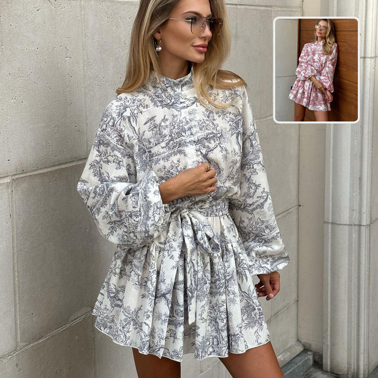 Luvéra Tinte Druck Langarm Kurze Kleid Mit Mode Puffy Ärmel Revers Krawatte A-Linie Kleid Kleidung