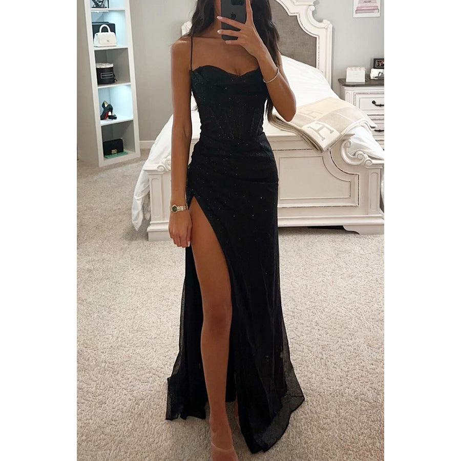 Luvéra Split Hosenträger Kleid Mode Abend Party Schlanke V-ausschnitt Lange Kleider Sommer Kleidung Für Frauen