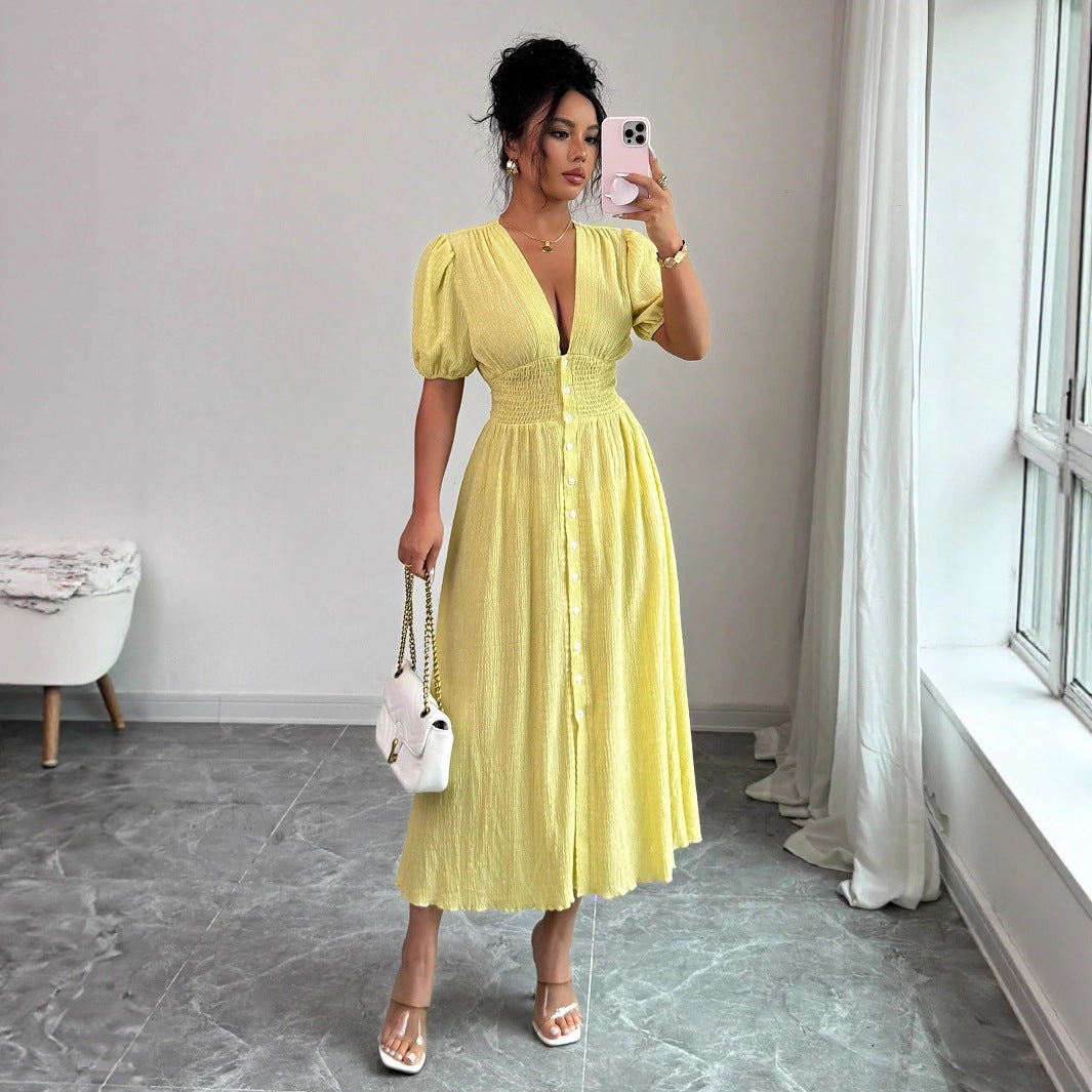 Luvéra Elegantes V-Ausschnitt Midikleid mit Puffärmeln stilvolles Damenkleid in A Linie