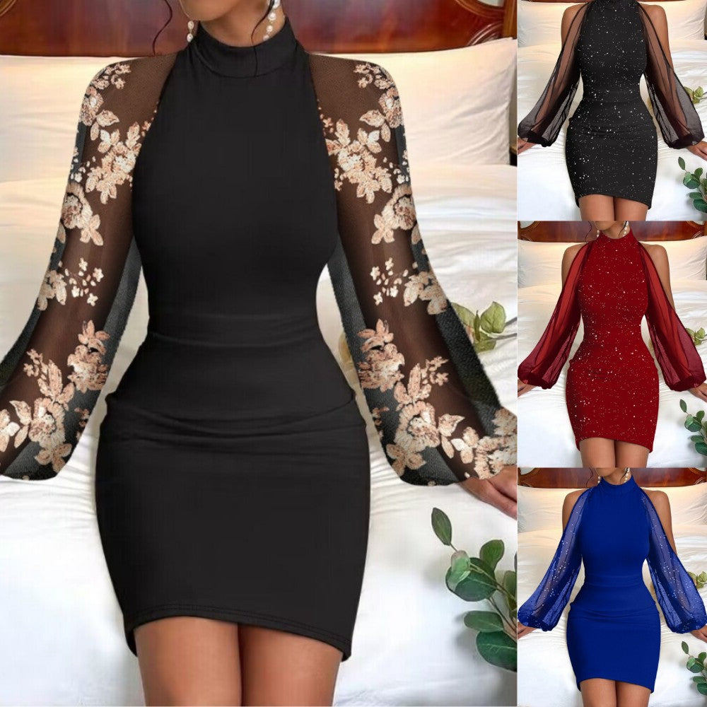 Luvéra Damen Rundhalsausschnitt Spitze Langarm Bodycon Taille-Clinching Kleid