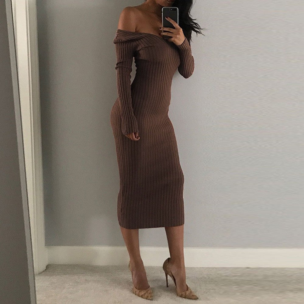Luvéra Elegantes Off-Shoulder Maxikleid – Langarm Abendkleid mit Schlankem Schnitt