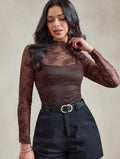 Luvéra Damen Spitzen-Basis-Oberteil, eng angestes, langarmiges Mesh-Oberteil