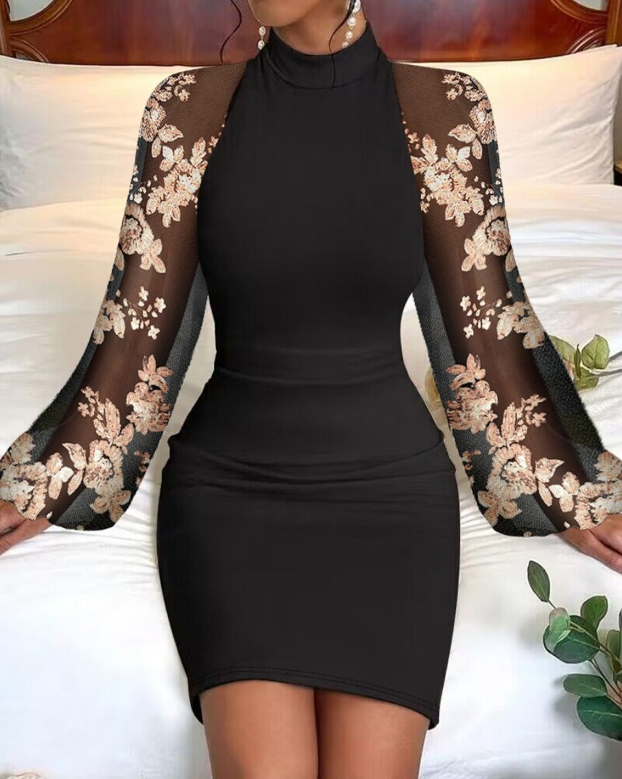 Luvéra Damen Rundhalsausschnitt Spitze Langarm Bodycon Taille-Clinching Kleid