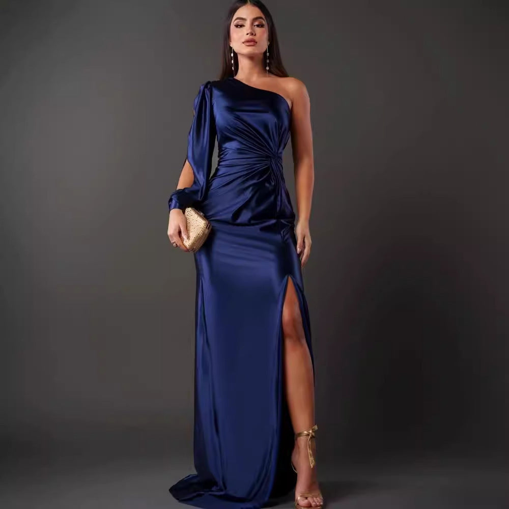 Luvéra Frauen Ein-Schulter Split Kleid Ins Mode Langarm Schlank Lange Kleider Party Abend Kleidung
