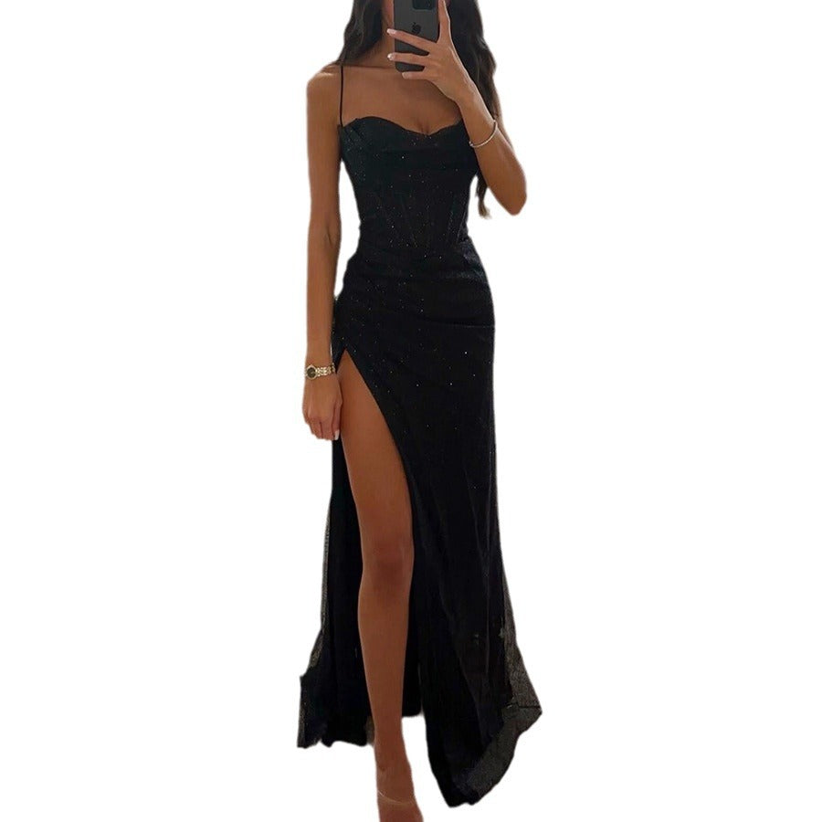 Luvéra Split Hosenträger Kleid Mode Abend Party Schlanke V-ausschnitt Lange Kleider Sommer Kleidung Für Frauen